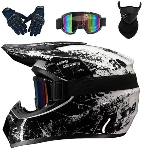 Helm Motocross Helm Kinder Erwachsene mit Schutzbrille Handschuhe Gesichtsbedeckung DOT-zugelassen(#White,M(54-55cm))