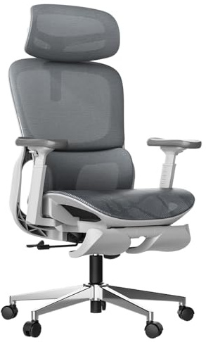 Hbada P2 Silla de Oficina Ergonómica, Silla con Soporte Lumbar 3D, Silla de Malla con Brazos Giratorios 3D 360° y Reposacabezas 3D, Blanco (con Reposapiés)