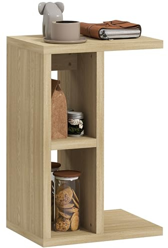 HOMCOM Table d'appoint 3 Niveaux, Bout de canapé en Forme de C avec 2 Compartiments Ouverts, Table Basse pour Salon, Chambre, 40 x 29,8 x 60 cm, chêne