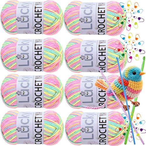 LuckyLee Fil à crocheter double tricot en laine (8X50g, 5 brins), fil à crocheter acrylique multicolore, crochets en aluminium, marqueurs de points, fil ombre pour couvertures, chaussettes et poupées