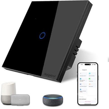 Naigebrol Wifi light switch，Neutral wire required，With Safety Door，Multi-Way Control，Works with Alexa/Google Assistant，With Safety Door，Remote Control，Voice Call，LED Dual-Color Backlight,1Gang Black