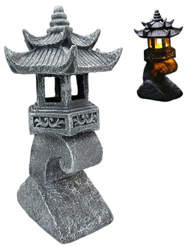 Hbbgdiy 4x6x13 Inch Waterproof Resin Solar Japanese Pagoda Lantern Statue, Decorative Stone Solar Light for Garden, Yard, Lawn, Patio & Balcony