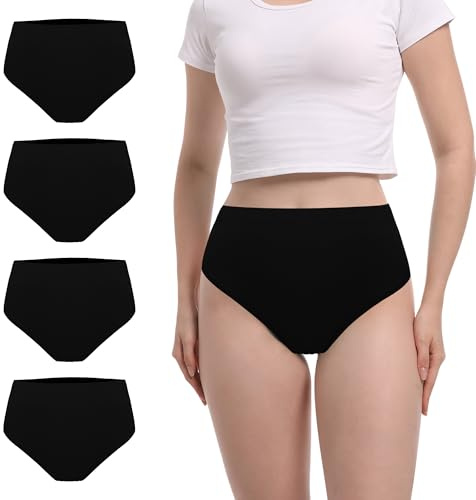 GAREDOB Tanga sin Costuras para Mujer, Talle Alto, Suave y elástico, Color Negro, Pack de 4, Talla L