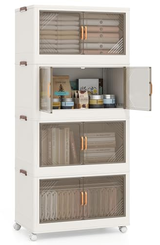 GOPLUS Caja de Almacenamiento Plegable con Tapa 159/212/265 L, Organizador Apilable con 4 Ruedas Universales y Puertas Transparentes, Armario de PP para Almacenaje y Exhibición (4 cajas/265L)