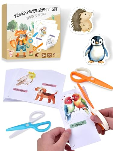 Juego de tijeras para niños con 2 tijeras y 48 papel para manualidades (con 2 animales cada uno), juego de manualidades para niños a partir de 3 años, juguete educativo Montessori para motricidad fina