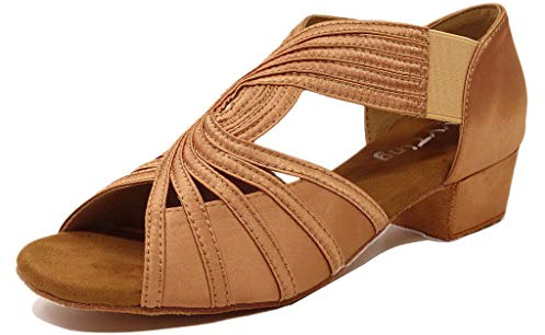 YYTing Low Heel Women Ballroom Dance Shoes Salsa Batchata Social Beginner Practice Wedding Dancing 1.5'' Heels YT04(8, Tan)