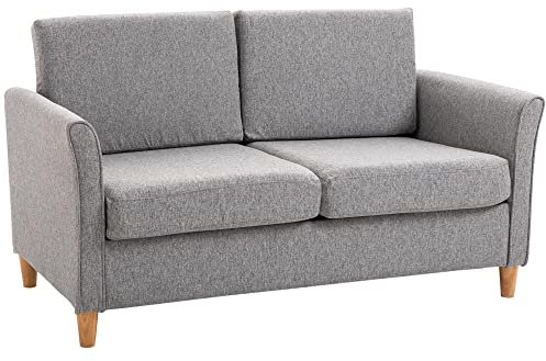 HOMCOM 2 Sitzer Sofa, Couch mit Holzbeine, Leinenoptik, Gepolsterter Polstersofa, Doppelsofa im Modern-Stil für Wohnzimmer, Schlafzimmer, Grau