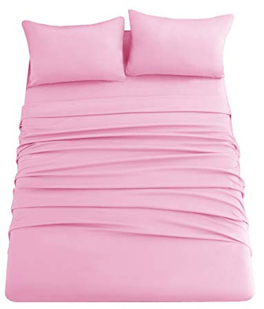 Ghooss Pink Bed Sheet Set with Deep Pocket,Super Soft Microfiber Bedding-Breathable,Warm,Wrinkle,Fade Free,4 Piece Bedding Sheet Sets(Queen,Pink)