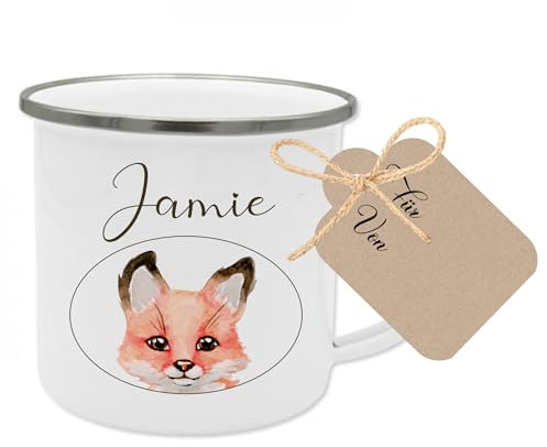 Manufaktur Liebevoll Emaille Tasse Kinder Geschenk personalisiert Fuchs Kindertasse Geschenk mit Name Geburtstagsgeschenk (Motiv “Jamie Fuchs”)