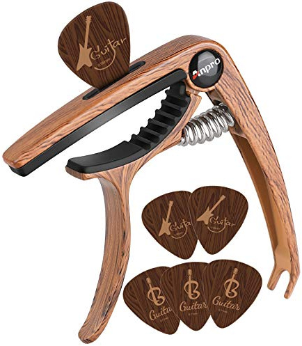 Anpro capodastre guitare,Capo de guitare en grain de bois Avec 6 Mediators Unique, pour Guitare Acoustique et électrique, ukulélé, Mandoline et Banjo