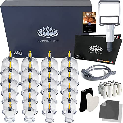 Uplife Kit de 24 ventosas fisioterapia anticelulíticas + 2 piedras Jade Gua Sha + 2 paños de microfibra | Manual de instrucciones en español | Ventosas para masaje con ventosa