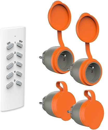 Ucomen Prises Telecommande sans Fil 3680W,Prise Exterieure Etanche,portée 30 m,4 Prises et 1 Télécommande avec All On/Off,Orange/Noir,Type E (FR),16A