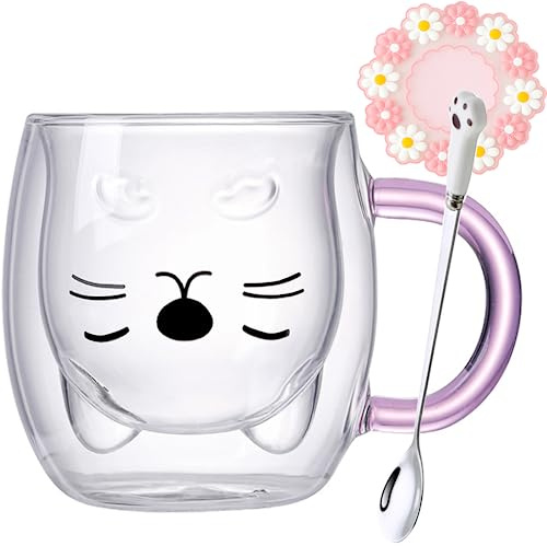 Arawat Tazza Gatto Vetro Doppia Parete Bicchieri Gatto Con Manico Rosa Tazza Caffè Con Cucchiaio & Sottobicchiere Tazze Caffè Bicchieri Bere Bicchieri Gatto Tazza Tè Regalo Di Compleanno Per Donne