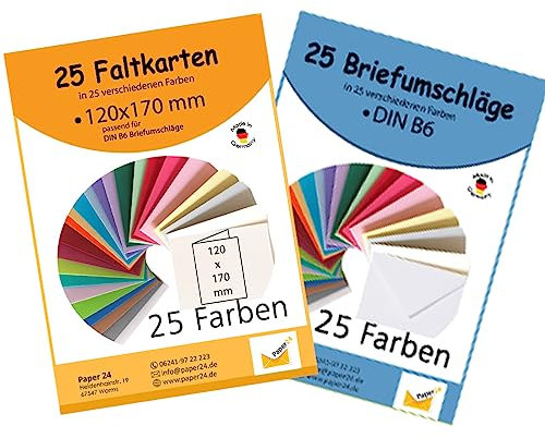 Paper24 25 bunte Briefumschläge in 25 unterschiedlichen Farben als Set im Format B6 mit passenden Faltkarten 12x17 cm
