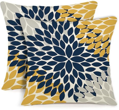 YCOLL Kissenbezug 40x40 2er Set Dekokissen Leinen Sofakissen Zierkissen Gelb und Blau Dahlie Kissenbezüge,für Sofa Schlafzimmer Wohnzimmer Outdoor Kissenhülle 40x40cm A251-16