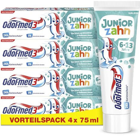 Zahncreme - Odol-med3 Juniorzahn, Zahnpasta Kinder ab 6 Jahren, Zahncreme zum Schutz von Milchzähnen und bleibenden Zähnen, ohne Titandioxid, künstliche Aromen & Süßstoffe, 75ml