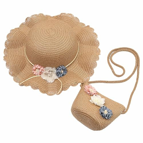 HIMKI Cappello di paglia da ragazza con tasca, cappello da sole per bambini, dolce estate, cappello da spiaggia + borsa in paglia per ragazze, cappello da viaggio con decorazione floreale, per