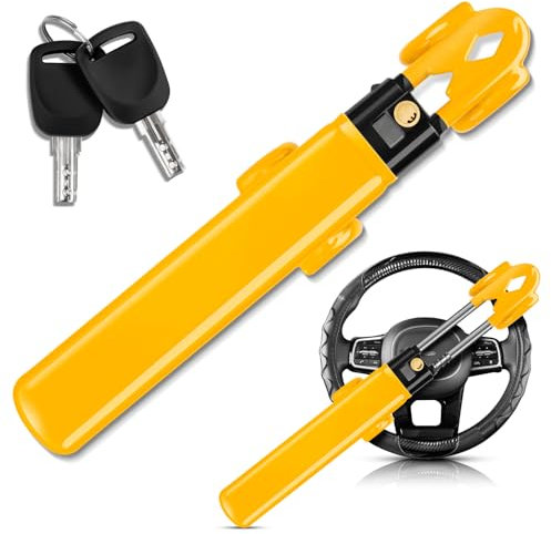 KYX Steering Wheel Lock for Car - Double Hooks Anti-Theft Device and Heavy Duty Car Security Lock with Adjustable Locking and 2 Keys - SUV Pickup Truck Van (Yellow)