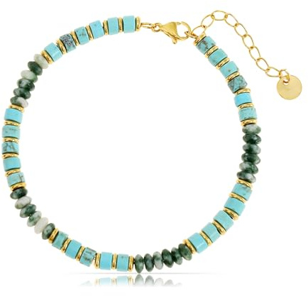Made by Nami Bracciale Uomo Turchese Verde Pietra Acciaio Inossidabile Impermeabile Regolabile 17+5cm