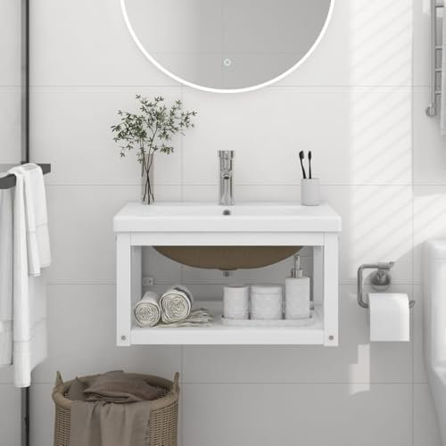 Lauuoeriau Furniture Item home Bathroom Washbasin Frame with Built-in Basin White Iron-Furniture