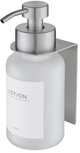 Glas Seifenspender mit Wandhalterung selbstklebend | Edelstahl-Pumpspender für Flüssigseife | Spülmittelspender ohne Bohren 400ml (Frost/Silber)
