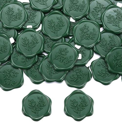 Filhome 50 st vaxförseglingsklistermärken, 29 mm gröna kuvert tätningsklistermärken, esklistermärken, eukalyptusblad vintage bröllopsinbjudan klistermärken för alla hjärtans dag födelsedag brud dusch