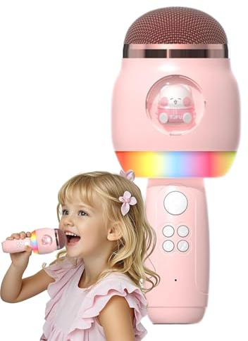 Micrófono de canto inalámbrico, Karaoke Mics,Micrófono inalámbrico de dibujos animados con luces LED para niños | Suministros de canto portátiles de altavoces de micrófonos para el hogar y al aire lib