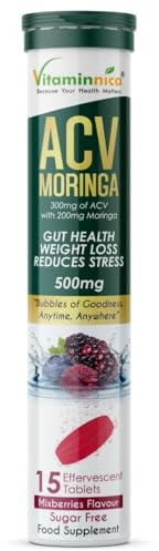 Vitaminnica ACV Moringa 15 Effervescent Tablets 500mg Apple Cider Vinegar with No Added Sugar for Gut Health | Weight Loss | Reduces Stress | Mixberries Flavour (1)