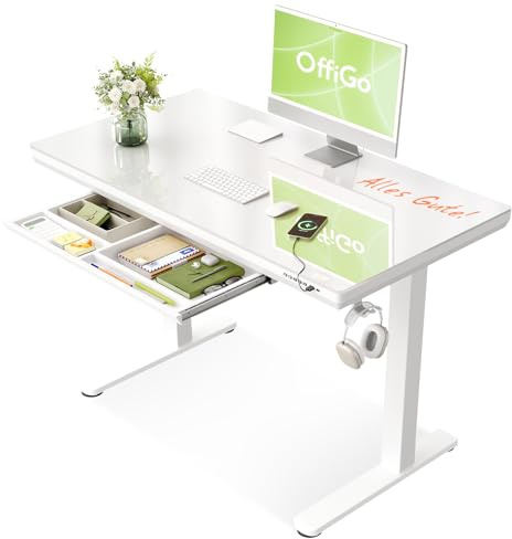 OffiGo Scrivania Regolabile in Altezza Elettrica, 120 x 60 cm, Top in Cristallo Monoblocco, Scrivania in Vetro con Cassetto e Porte USB e Type-C, Scrivania da Sede/Standing, per Casa e Ufficio, Bianco