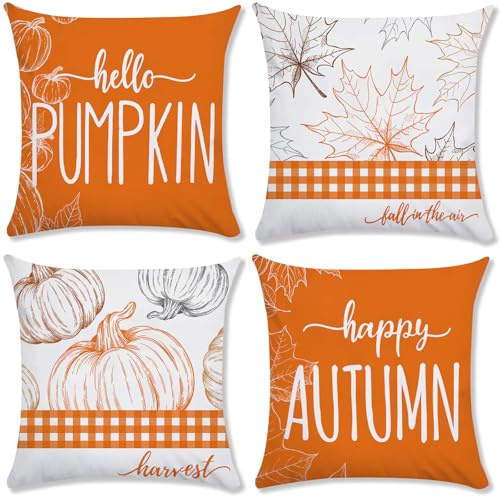AMLOOPH Halloween Pumpkin Orange Autumn Cushion Covers 50x50cm Sofa Bedding | 4 Set Soft Plush Autumn Bedding Pillow Covers, Leaf & Pumpkin Fall Thanksgiving Harvest Throw Cushion Covers for Sofa & Bed