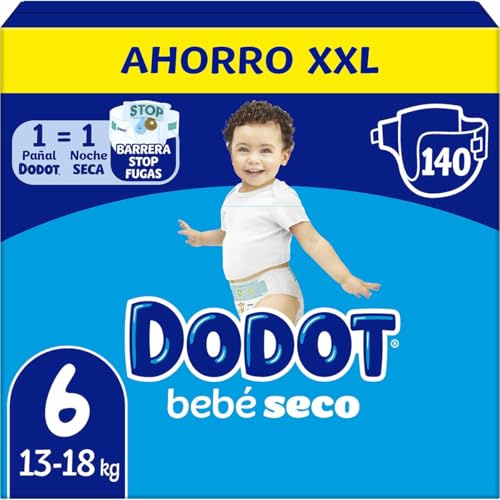 Dodot Pañales Bebé-Seco Talla 6 (13-18 kg), Pack de 140 Unidades, Protección Antifugas, Triple Capa Absorbente, Hasta 12 Horas Seco