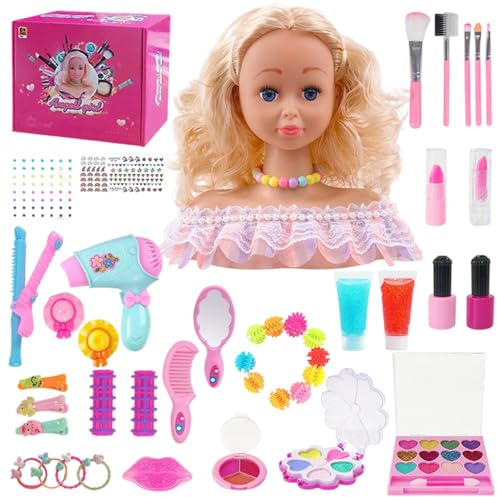Agarte Styling Head Doll for Kids, 42PCS Doll Head for Hair Styling with Hairdressing Set and Makeup Toys, Girls Role Play Toys with Hair Dryer Nail Polish, Girls Christmas Birthday Gifts