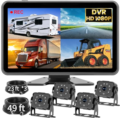 1080P Wired Backup Camera System with 10.1 Touch DVR Recording Quad Split IPS Monitor, 4 IP69K Waterproof IR Night Vision Vibration-Proof Front Side Rear View Camera for Truck/RV/Tractor/Bus/Trailer