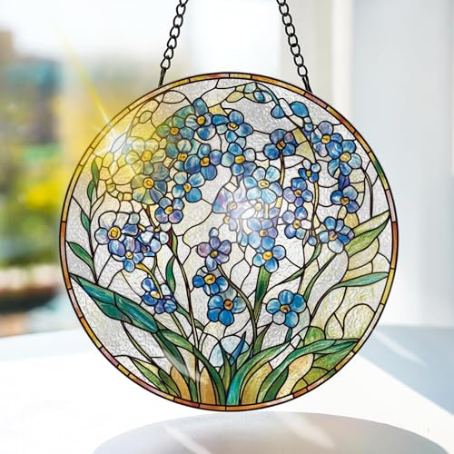 Bimkole FörgätmigejFönsterhänge I Målat Glas Med Solfångare -Växter Hängande Fönsterdekoration - för Trädgård, Fönster och Dörr, Jul, Handgjord Suncatcher Dekor 20x20 cm