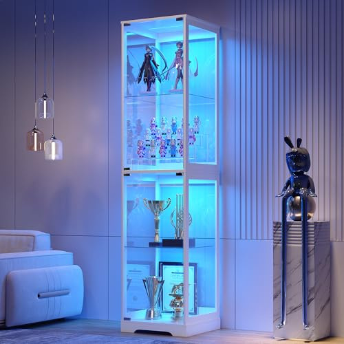 FREDEES Glass Display Cabinet with Doors, 165CM Tall 4-Tier Curio Display Case with 3 Color Lights and Human Body Sensor, Bookcase for Collectibles, White