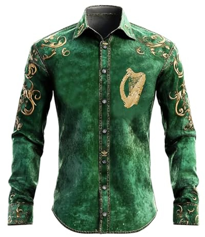 Chemise de jour de la Saint-Patrick pour homme - Coupe ajustée - Manches longues - Chemise verte surdimensionnée - Vintage - Col montant - Chemise de loisirs - Chemise boutonnée - Chemise de travail