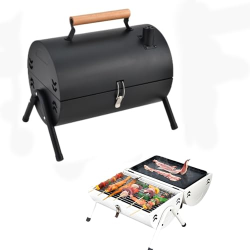 Parrilla ahumadora de barril – Barbacoa de doble cara de acero inoxidable con chimenea, mango resistente al calor, perfecta para camping, picnics y fiestas en el patio, sirve para 4 a 6 personas