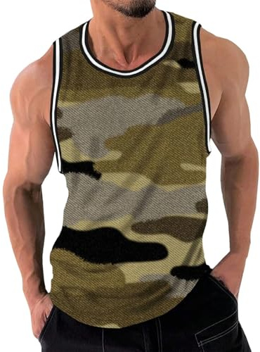 Camo Sleeveless Tshirt Men Vest Classic Round Neck Camouflage Print Tank Tops Muscle Gym Workout Tee Lightweight Base Tees