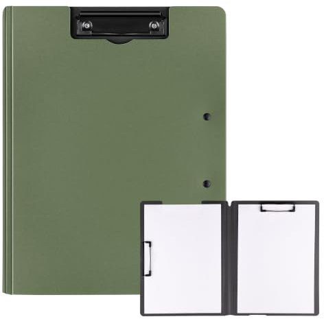 A4 Klämbräda med lock och 2 klämmor – skrivmapp, klämbräda med förvaring, klämhäftapparat, klippbräda A4, skrivbräda för kontor, skola, byggplats, 1 st, militärgrön