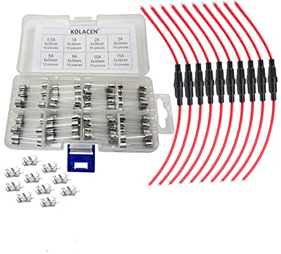 KOLACEN Auto Auto 6 x 30 mm Sicherungshalter 16 AWG Draht 10 Stück + 80 Stück schnelle flinke Glassicherung 6 x 30 mm 0,5 A 1 A 2 A 3 A 5 A 8 A 10 A 15 A + 10 Stück Sicherungsclips