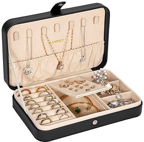 LANDICI Small Jewelry Box for Women Girls, PU Leather Travel Jewelry Case, Portable Jewelry Organizer Storage Holder Display for Ring Earrings Necklace Bracelet Bangle Men Kids Gift, Black