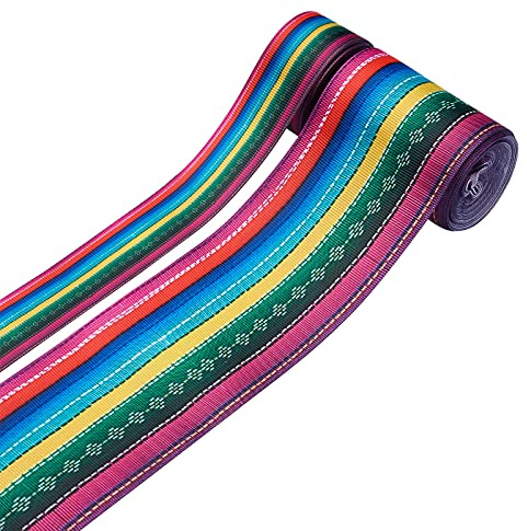 Pandahall - 2 rollos de cinta de serape mexicano con rayas arcoíris coloridas de grogrén para envolver regalos, decoración de fiestas de otoño (2 tamaños de 2.5 cm de ancho, 5 yardas/rollo)