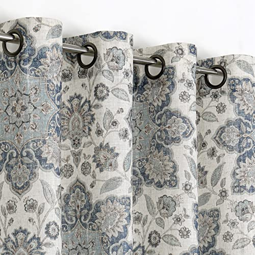 Central Park Blue Botanical Curtain Panel Linen Blended Vintage Medallion Floral Print Grommet Top Light Filtering Window Drapes 95 Inches Long for Bedroom/Living Room, Navy/Blue, 54x95, 2 Panel