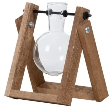 Esschert Design Hängende Steckling-Vase im Holzgestell - dekorativer Pflanzenaufzucht-Ständer mit Glaskolben, für Ableger, Blumen oder Hydrokultur, Fensterbank-Deko 14 x 13 x 11 cm