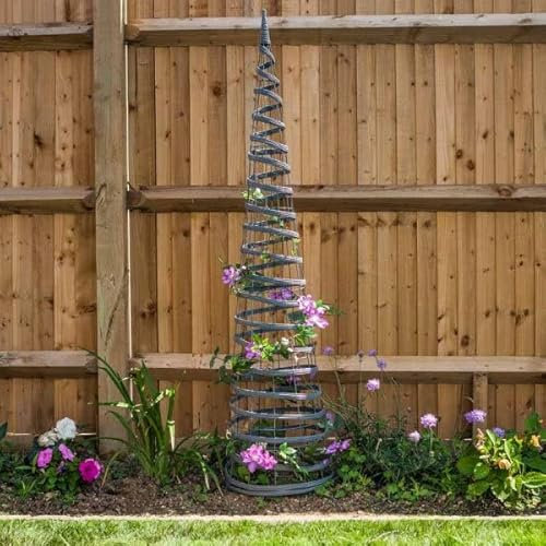 Garden Mile Rattan Garden Obelisk Cone Climbing Plant Support 135m Metal Frame Trellis Plant Support Trellis for Climbing Plants, flowers Faux Rattan Garden Outdoor Heavy Duty Spiral Obelisk in Grey