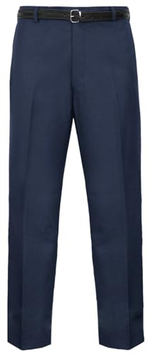 Mens Formal Classic Trousers Tailored Fit Vintage Casual Business Office Work Home Belted Waist Band Smart Dress Pants Straight Leg Flat Front Everpress Easy Care Slant Pockets (Navy Blue, 36/27)