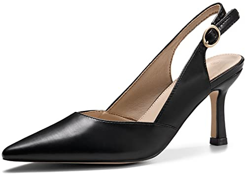 Women's Kitten Heels Pumps Pointed Closed Toe Wedding Party Dress Slingback Pump Shoes, Black, Size 7.5
