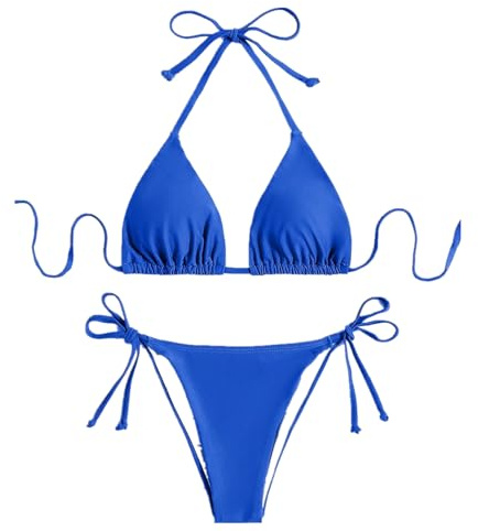 Traje de Baño de Dos Piezas Mujer Acolchada Clásico Ajustable Halter Triángulo Bikini Top Bikini Tanga Brasileño,Azul Tesoro,Talla única
