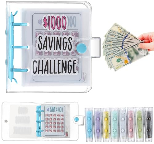 Jetec 1 Pcs 1000 Mini Money Saving Binder Money Saving Challenge Book with Envelopes for Budgeting Cash Planner Back to School Class Prize Exchange Gift (Blue)