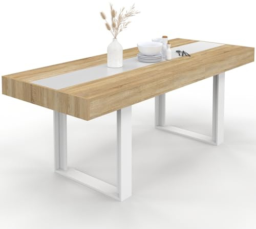 IDMarket - Table à Manger Extensible Rectangle Phoenix 4-8 Personnes Bois et Blanc Bande Centrale Blanche 160-200 cm